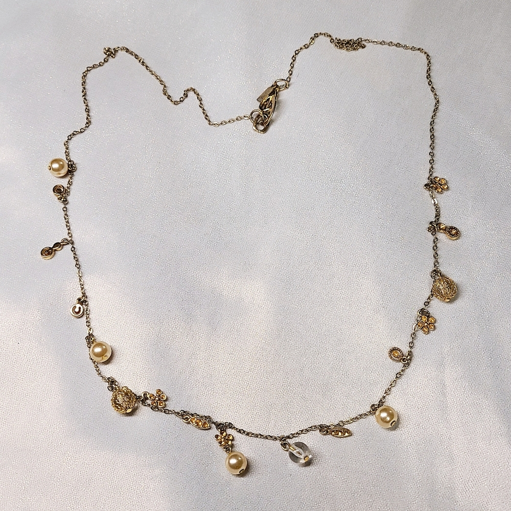 Boho Gold Tone Strand Necklace with Gold Lace Beads and Floral Charms